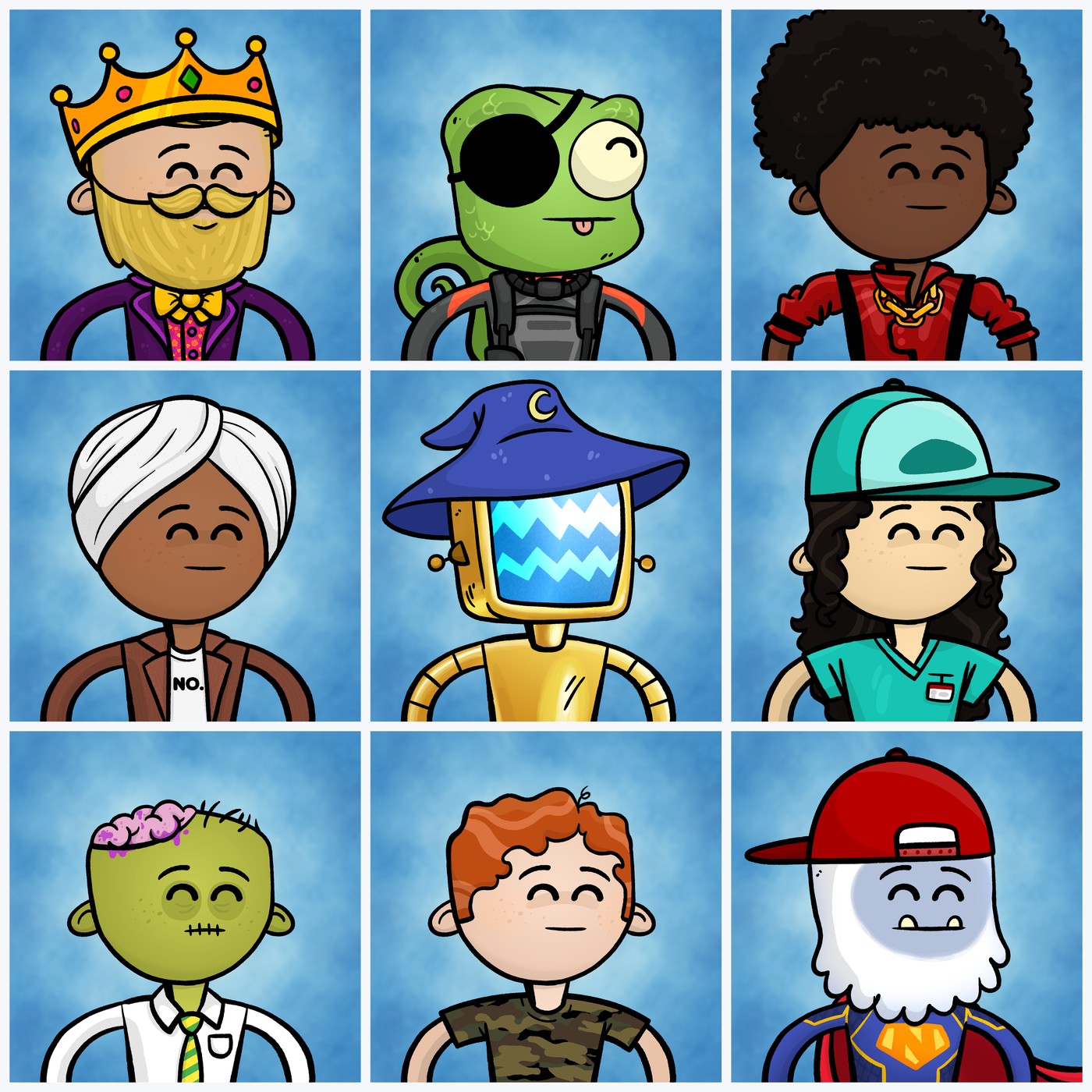 Nine Nottabots in a three-by-three grid